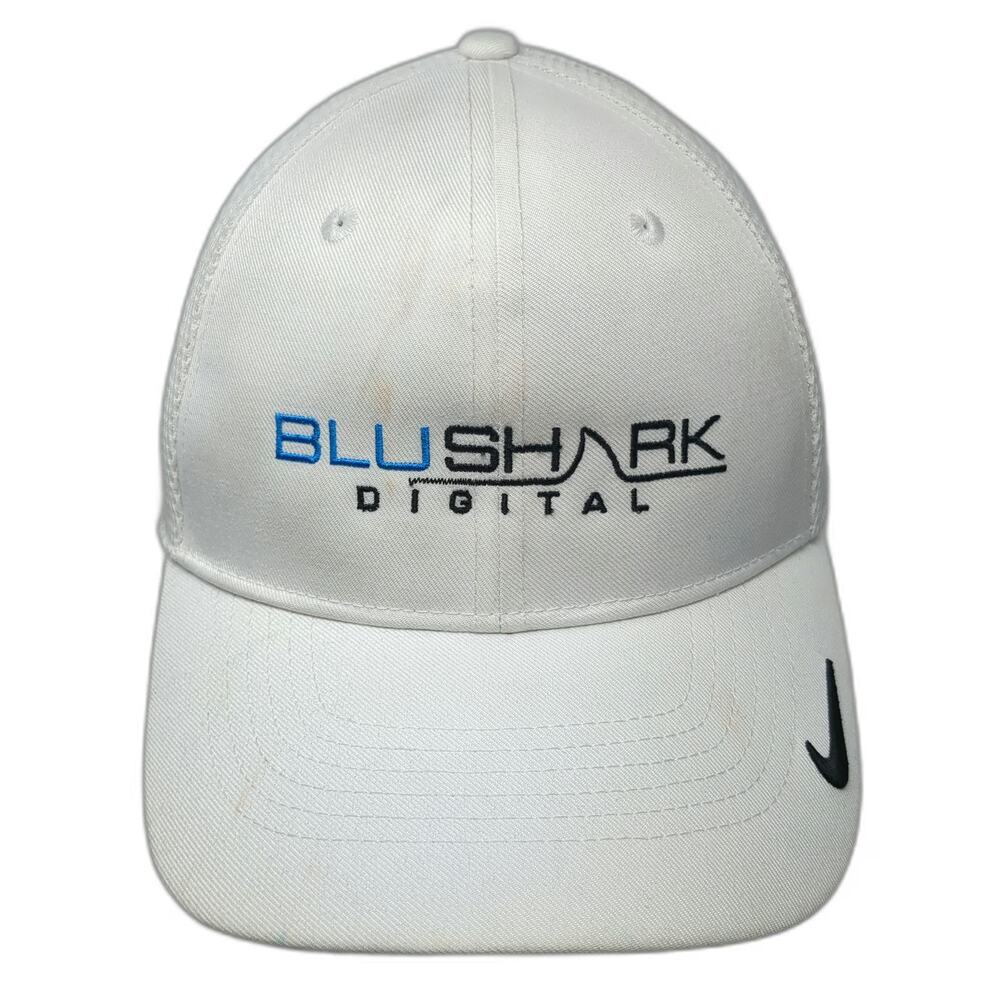 Nike Baseball Cap White L Mesh Back Stretch Fit BluShark Digital Dri-FIT Hat